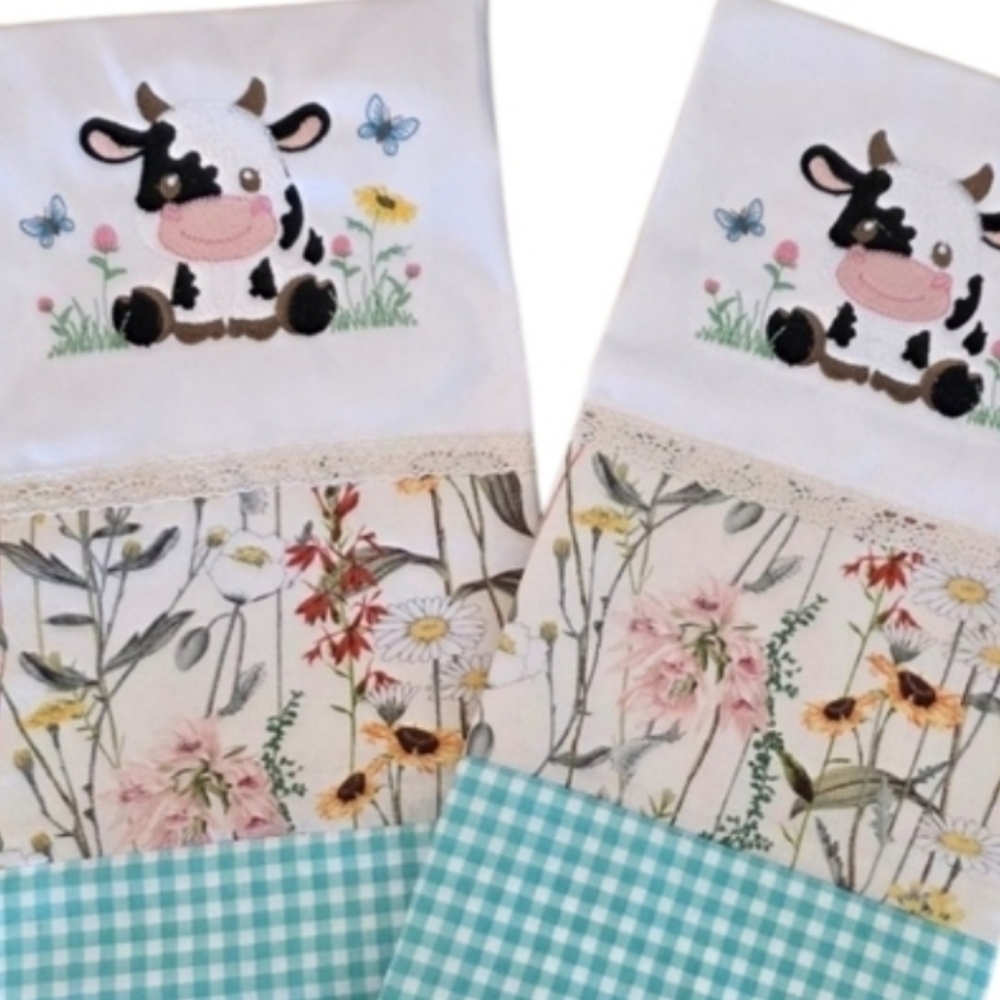 Handcrafted Embroidered Floral & Country Cow Tea Hand Towels Set Of 2 18" X 27"